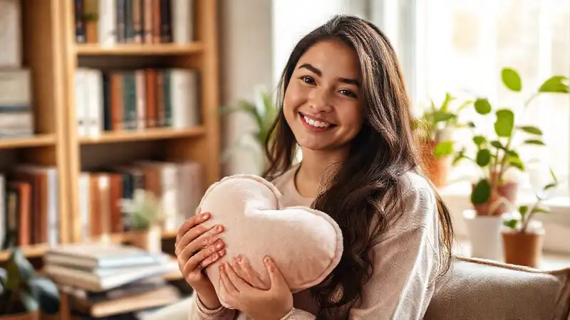 Estudiante con cojín, en espacio inspirador y cálido