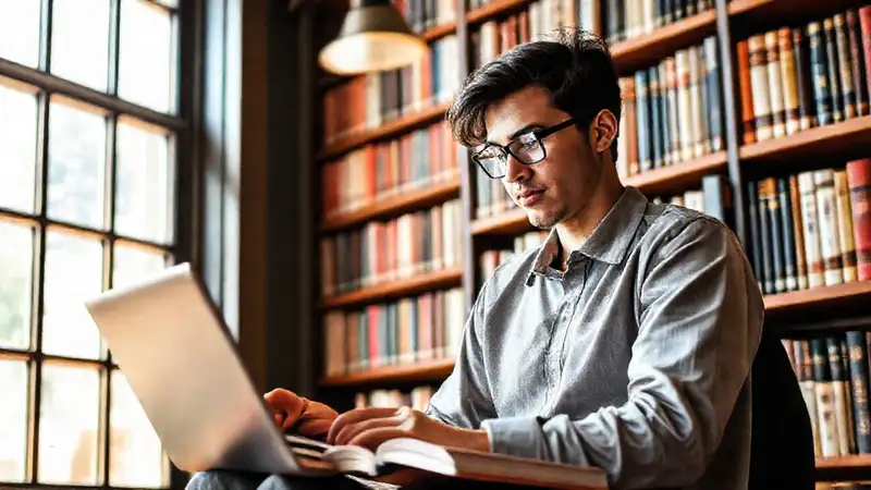 Estudiante de posgrado estudiando en biblioteca moderna