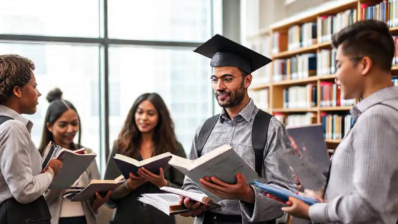 Estudiantes de sociología estudiando en biblioteca moderna