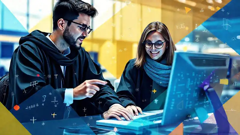 Estudiantes colaboran con símbolos matemáticos digitales