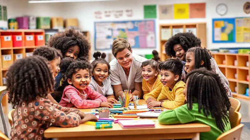 Estudiantes diversos colaboran en aula inclusiva vibrante
