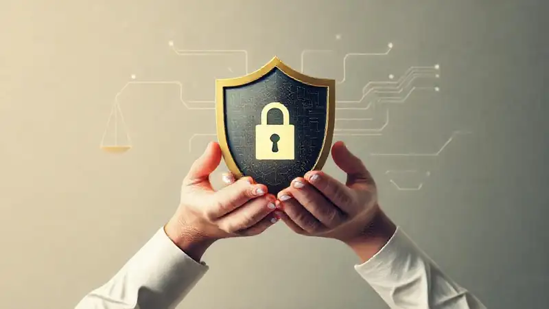 Manos con escudo, seguridad y justicia digital