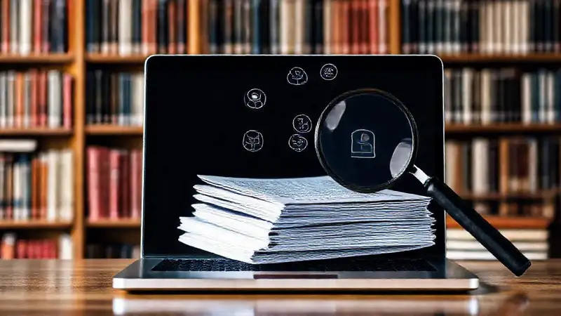 Laptop y papeles académicos con detección de plagio