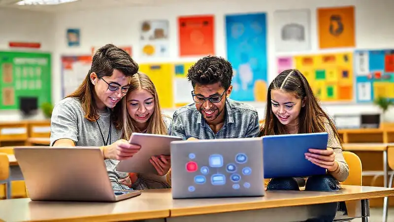 Estudiantes colaborando con tecnología en aula moderna