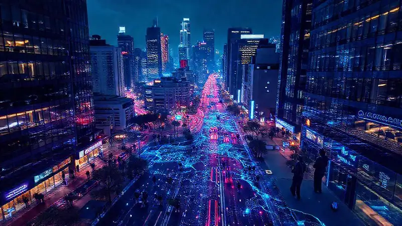 Ciudad futurista con datos y hologramas
