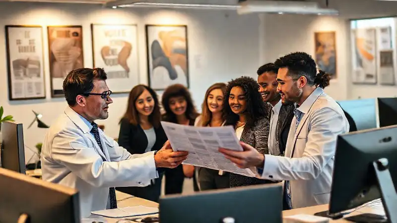 Oficina moderna con psicólogo y equipo colaborando