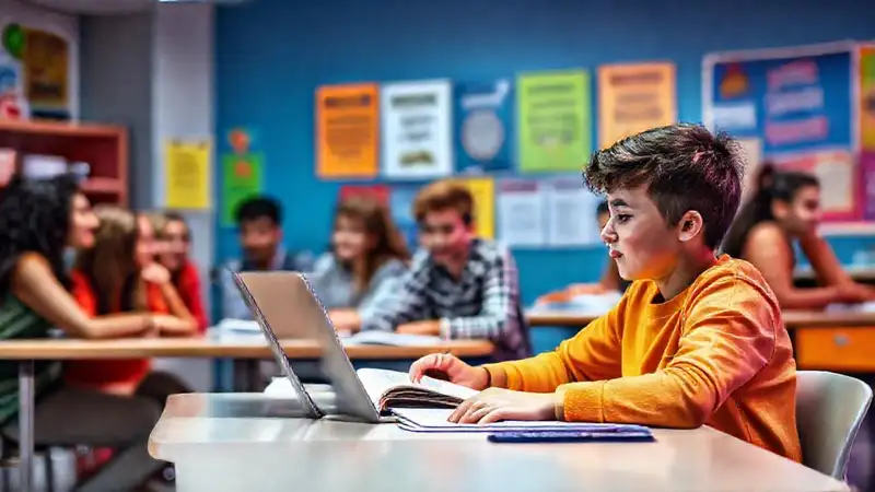 Estudiantes motivados en un aula moderna