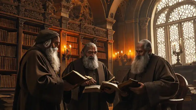 Teólogos estudian manuscritos en biblioteca antigua