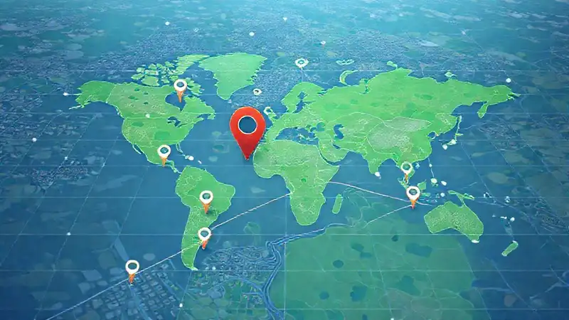 Mapa digital con íconos y recursos tecnológicos