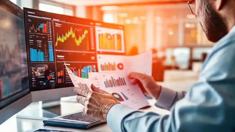Economista revisa gráficos y datos financieros