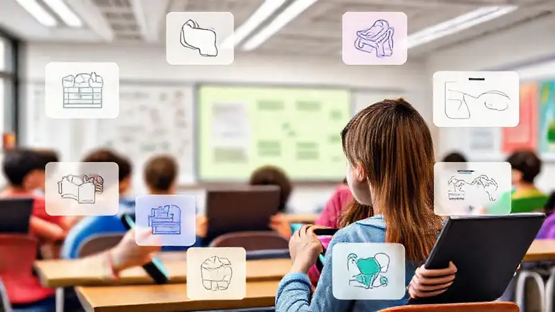 Iconos digitales y gráficos en aula moderna