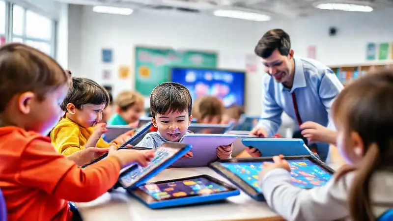 Niños aprenden con tablets en clase moderna