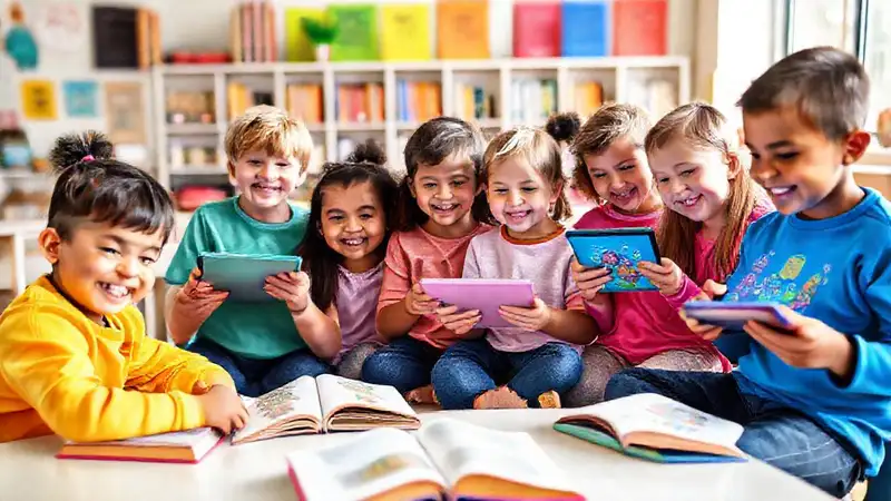 Niños felices usando tabletas en clase moderna