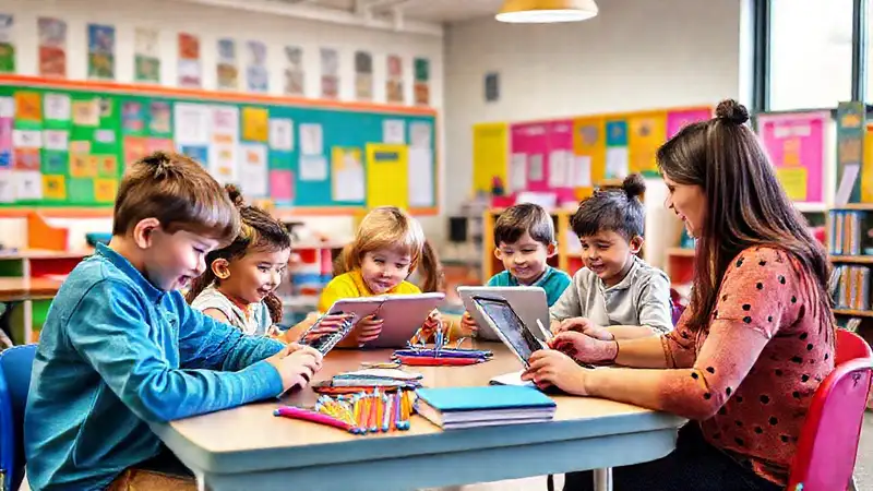 Aula moderna y alegre con niños aprendiendo