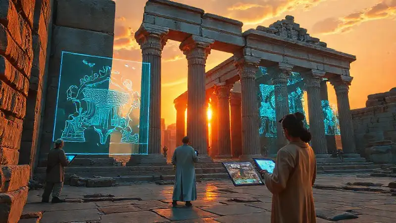 Templo antiguo fusionado con tecnología futurista