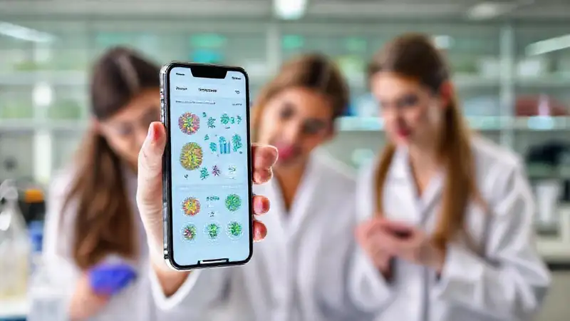 Teléfono con app educativa de microbiología