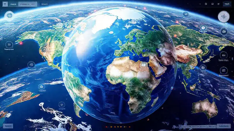 Mapa digital interactivo con imágenes satelitales futuristas