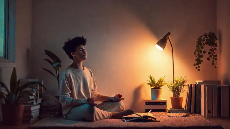 Estudiante relajado meditando en rincón tranquilo