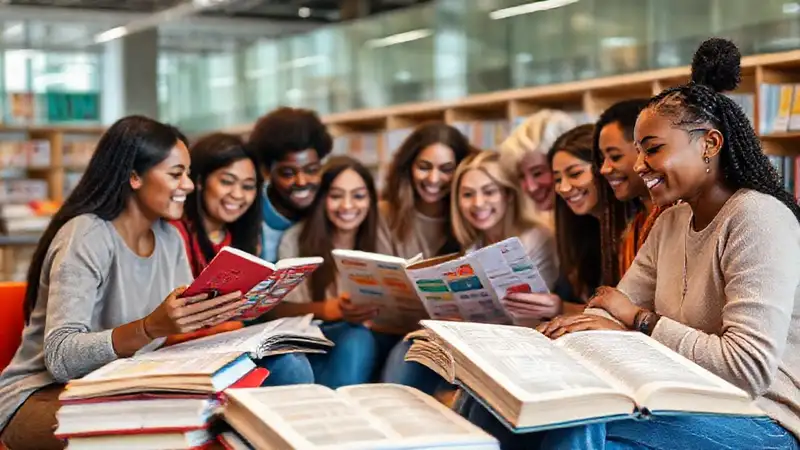 Estudiantes diversos en entorno académico colaborando