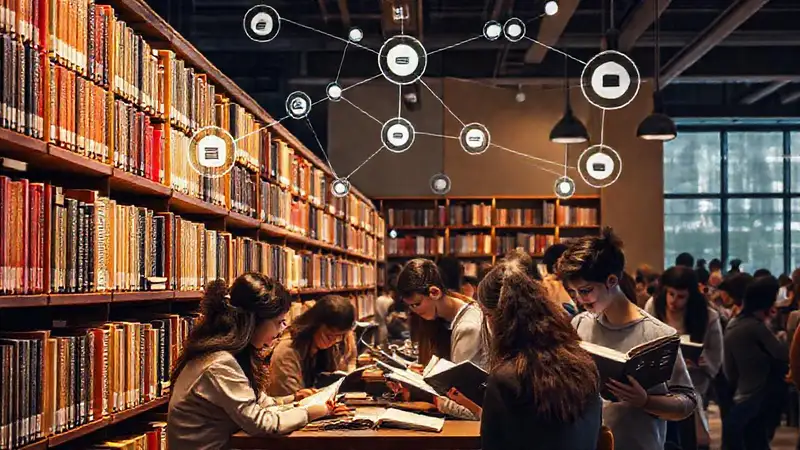 Estanterías y estudiantes en un ambiente académico