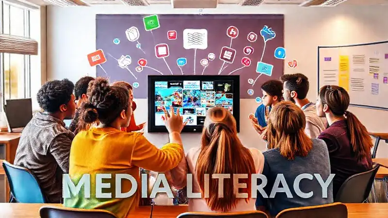 Grupo diverso analizando contenido digital y medios