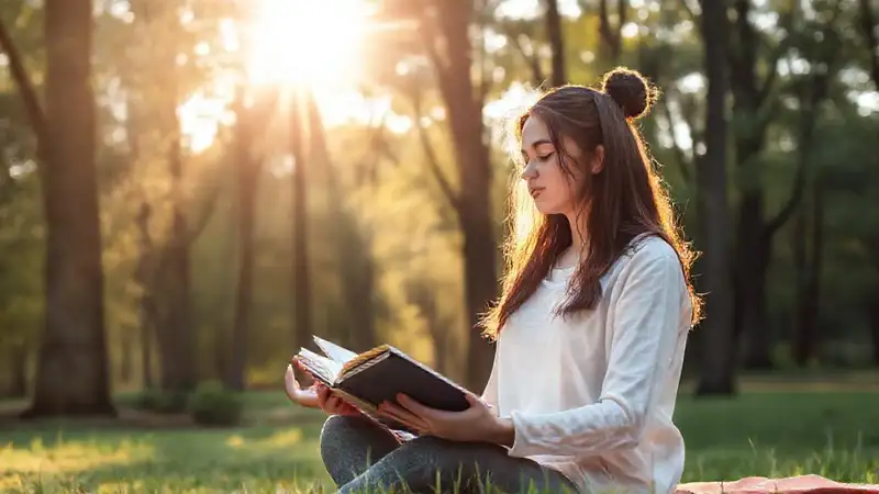 Estudiante tranquilo en naturaleza y estudio