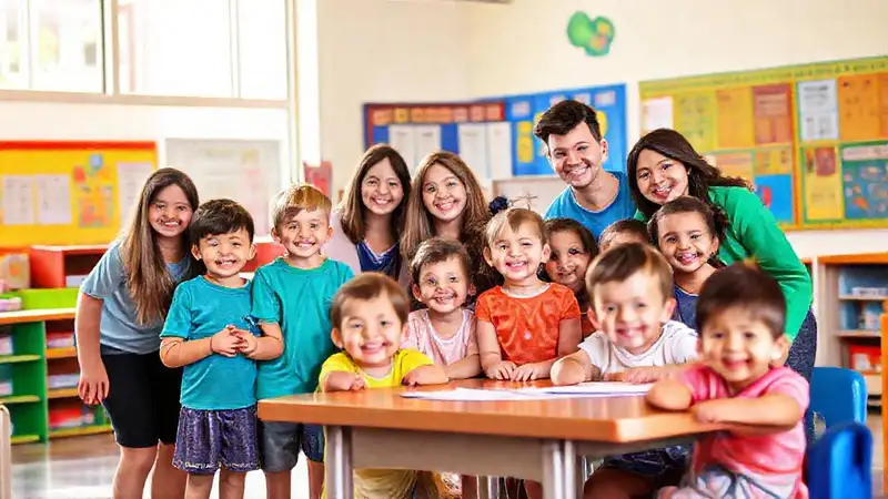 Niños y maestros en aula alegre y educativa