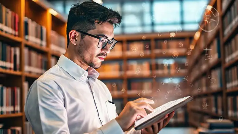 Matemático estudiando ecuaciones en biblioteca moderna
