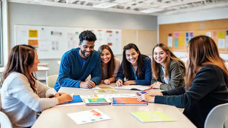 Estudiantes diversos colaborando en un aula moderna
