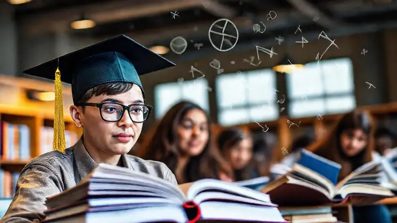 Libros de matemáticas y alumnos estudiando