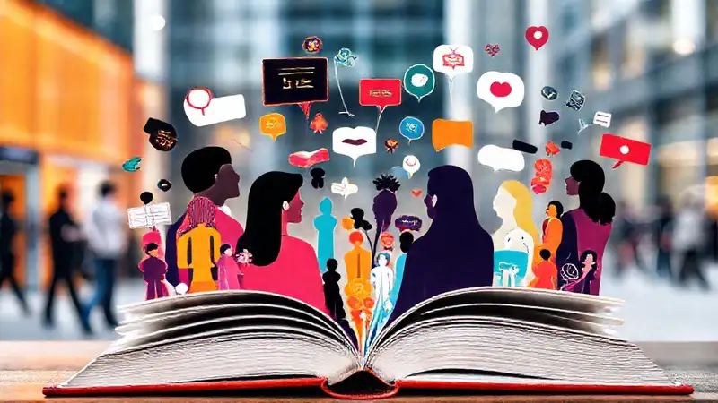 Libro abierto con personas y símbolos sociales