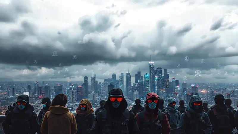 Paisaje urbano futurista con riesgos y protección