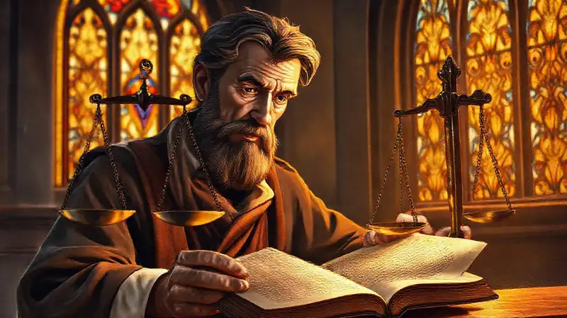 Teólogo reflexivo en medio de simbolismo espiritual