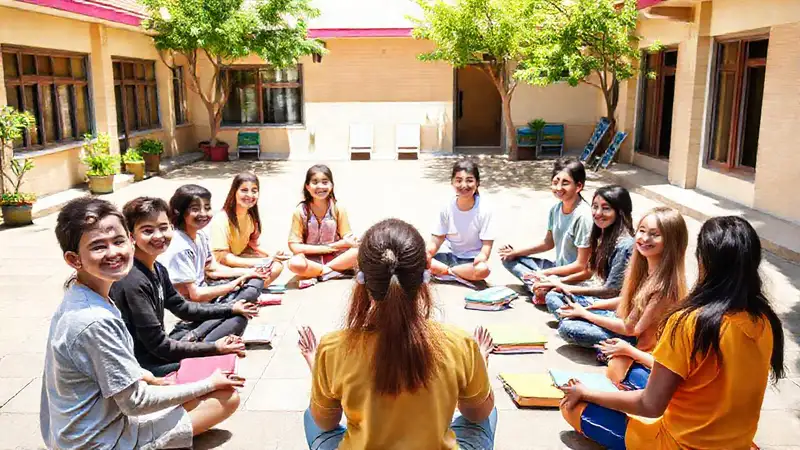 Estudiantes meditando en un patio alegre