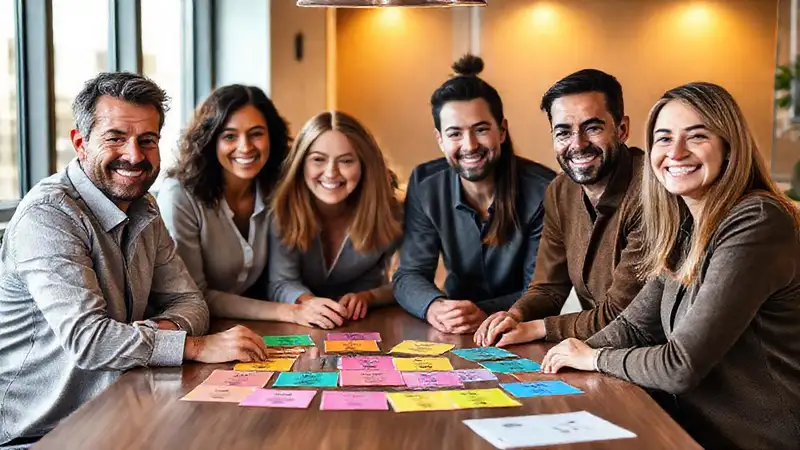 Equipo sonriente con cartas de resolución de conflictos