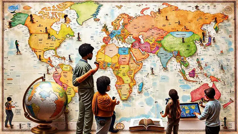 Mapas y personas estudiando geografía diversos