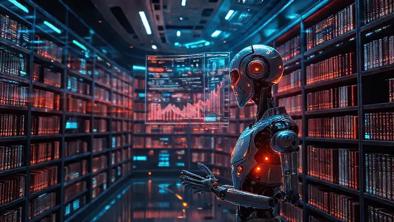 Biblioteca futurista con hologramas y robots inteligentes