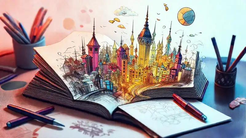 Ciudad fantástica naciendo de un libro abierto