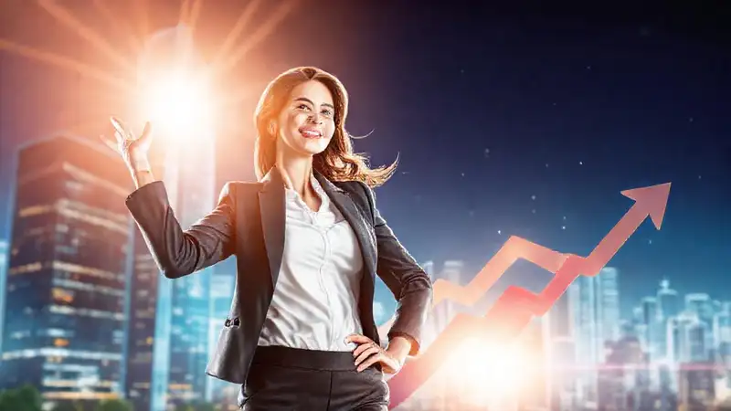 Mujer profesional confiada en ciudad futurista