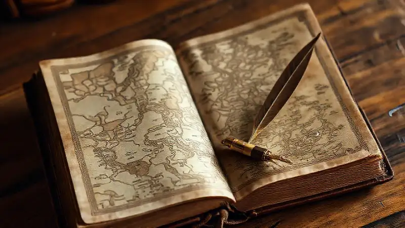 Cuaderno antiguo con mapas y pluma clásica