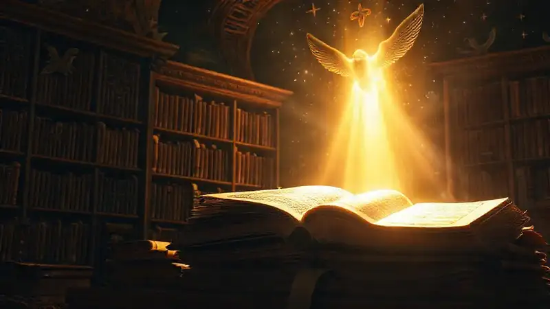 Biblioteca antigua con luz y símbolos celestiales