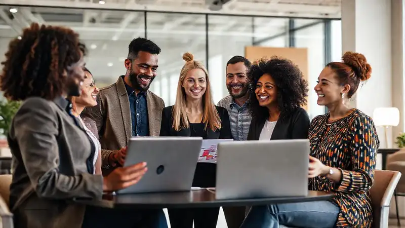 Equipo diverso colabora en oficina moderna