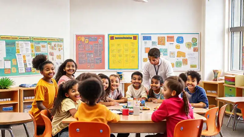 Estudiantes diversos en un aula inclusiva y moderna