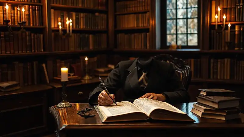 Autor elegante en biblioteca antigua y acogedora