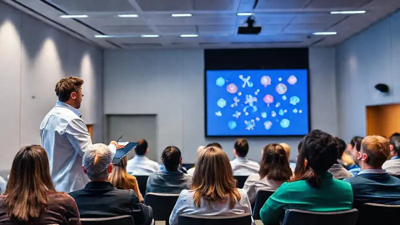 Científico presenta en aula moderna con visuales