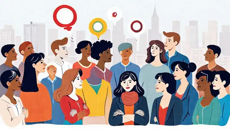 Grupo diverso discutiendo en ciudad vibrante