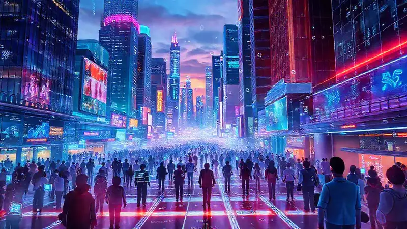 Ciudad futurista con personas y tecnología interactiva