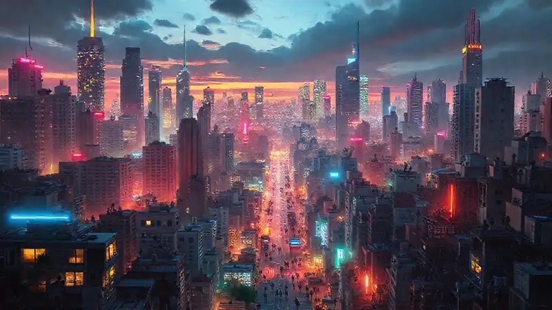 Ciudad futurista con desigualdad marcada y vibrante