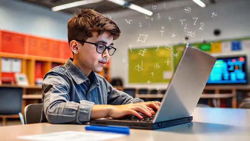 Estudiante estudiando tecnología y matemáticas