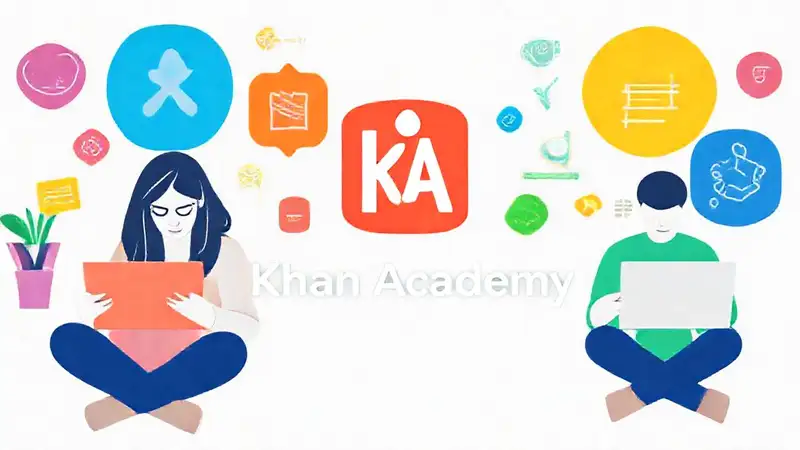 Logo de Khan Academy con elementos educativos vibrantes